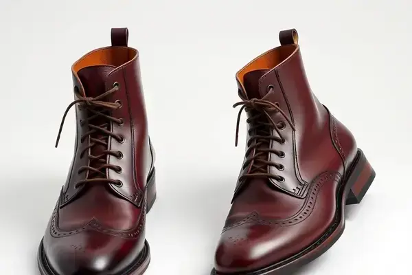 Wing tip boots in burgundy leather